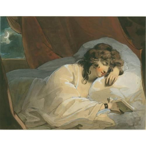 Painting of a woman asleep with book in hand