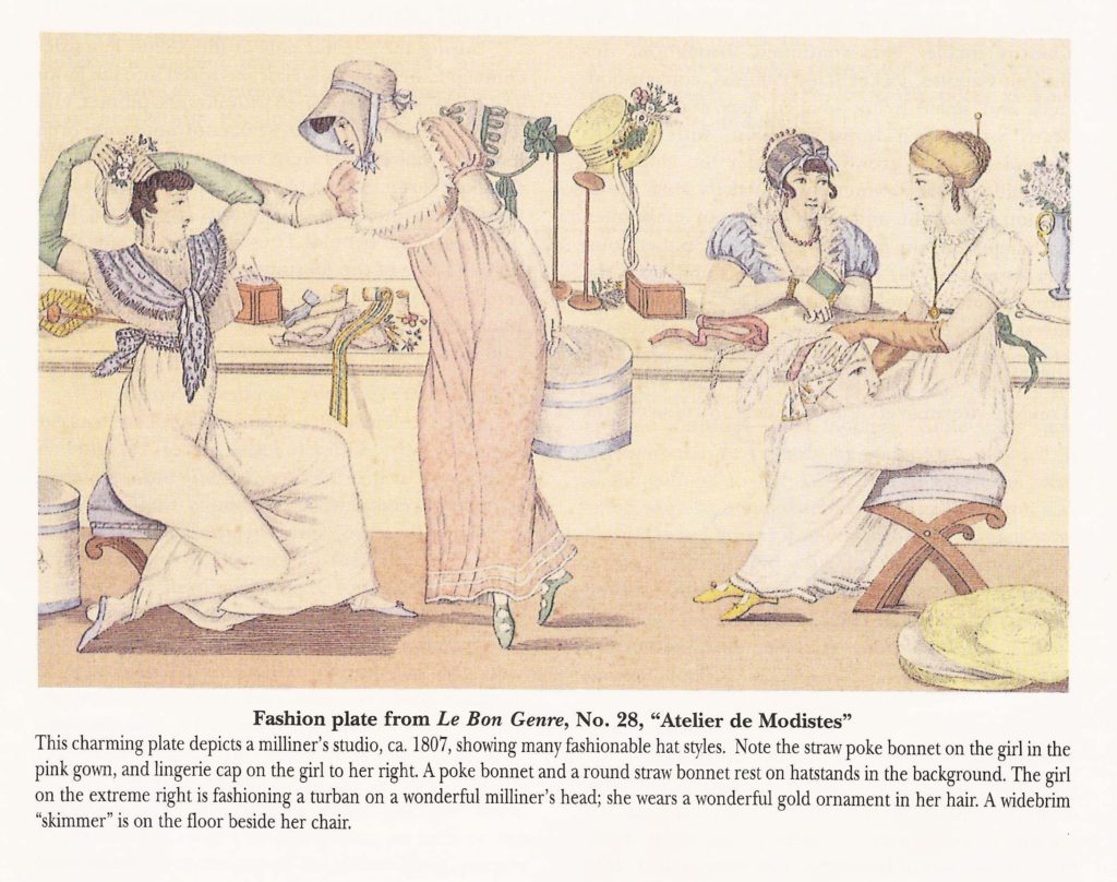 19th century hat shop depicting women trying on bonnets